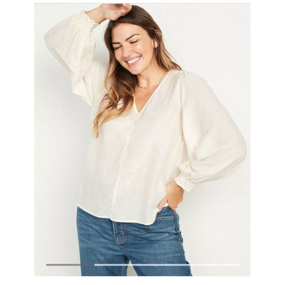 Old Navy Ballon Sleeve Clip-Dot Cream Boho Cotton Blend Blouse Plus Size XXL